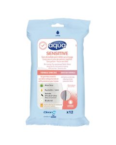 AQUA® GANT DE TOILETTE SENSITIVE PRÉ-IMBIBÉ SANS RINÇAGE HYPOALLERGÉNIQUE SANS PARFUM (12 UNITÉS)